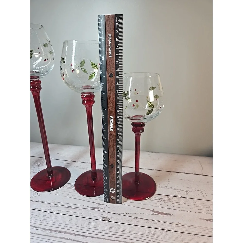 PFALTZGRAFF Set of 5 Hurricane Red Stem Candle‎ Votive Holders WINTERBERRY